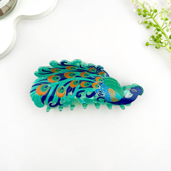 Peacock Print Acrylic Animal Hair Claw Clip: Blue