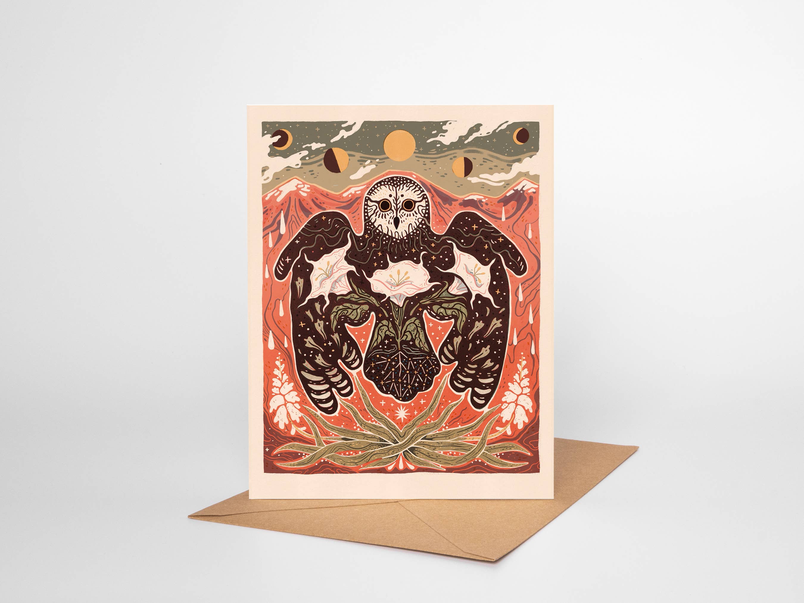 Moonflower Owl– Blank Greeting Card Nature Illustration