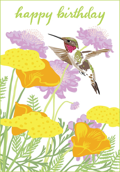 Humminbird & Garden Flowers - Birthday Greeting Card