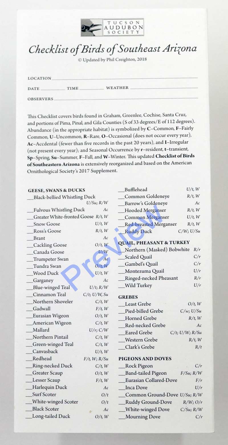 Tucson Audubon Society Checklist of Birds of Southeast Arizona 2018