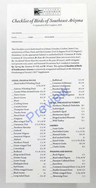Tucson Audubon Society Checklist of Birds of Southeast Arizona 2018
